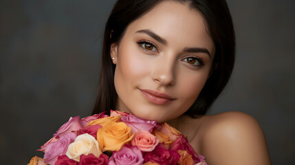 Fototapeta premium Beautiful white girl with flowers. Stunning brunette girl with big bouquet flowers of roses. Closeup face of young beautiful woman with a healthy clean skin. Pretty woman with bright makeup 