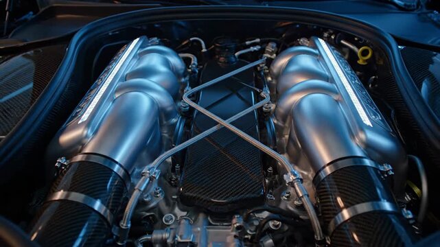 Detailed Overhead View of a Polished V12 Engine with Velocity Stacks