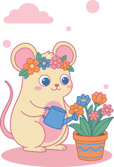 Cute Mouse Watering Flowers