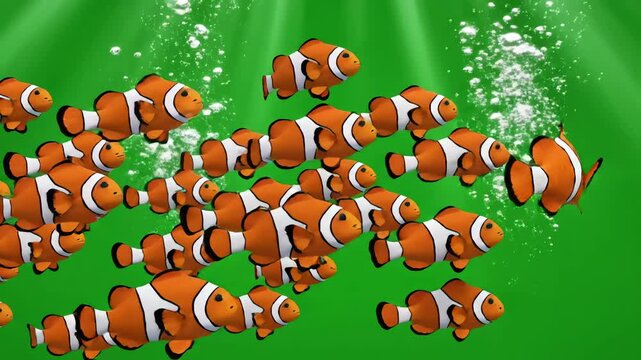 Green Screen fish animation swim video 3d underwater single and group isolated school of scene 3 with distortion, overlay, glitch, static noise, scan lines on black background, 4k animated loop