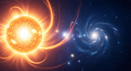 Obraz premium The image shows a glowing orange star and a blue spiral galaxy, showcasing vastness, representing cosmic wonder, stellar energy, and interstellar space exploration