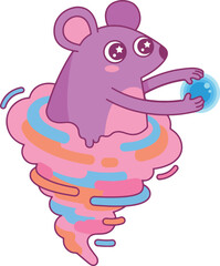 Cartoon Mouse in Colorful Tornado Holding Orb