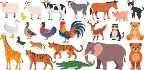 Fototapeta premium Cute Animal Vector Set Farm, Wild, Jungle, and Sea Creatures