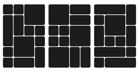 Bento grid abstract layouts with geometric tiles and rounded corners. Modern modular UI design panels, trendy web interface templates, collage frames and infographics. Vector illustration.