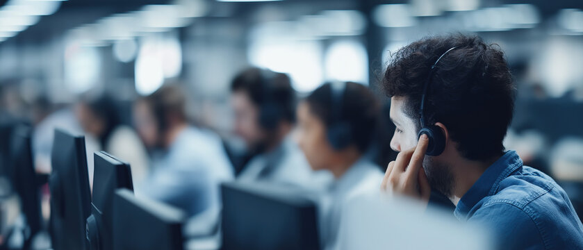 Headset-wearing agent works at workstation while colleagues blur in background.