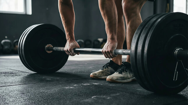 Close view of athlete deadlifting heavy barbell in gym highlighting strength training technique power and focused workout effort