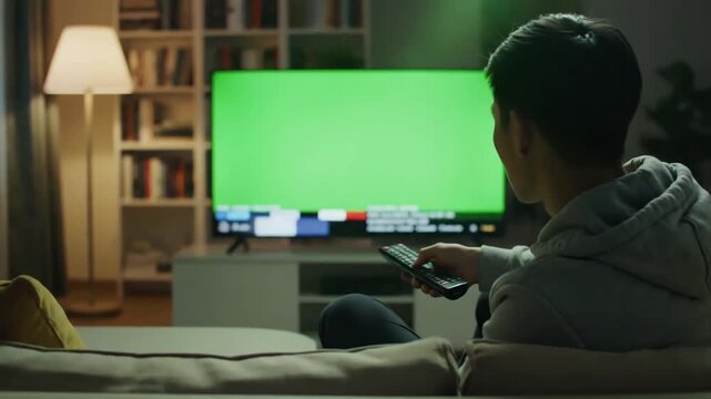 Green Screen man watching television in living room evening young guy sitting on sofa against tv with chroma back view male person switching channels using remote controller scene 3 distortion