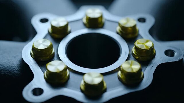 Close-up of V12 engine intake manifold flange bolt pattern