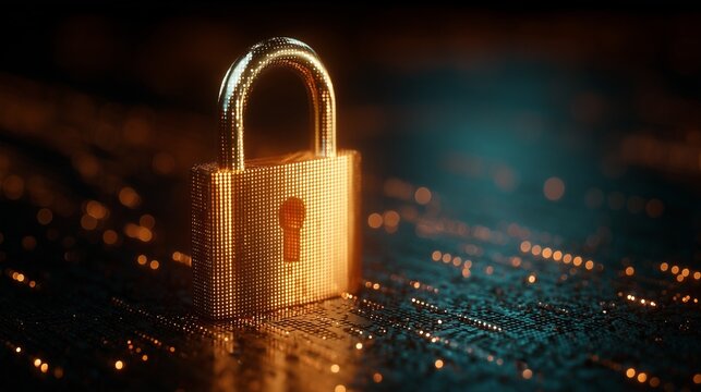 Golden padlock on a circuit board representing cybersecurity and data governance. compliance, data protection, access control and regulatory compliance.