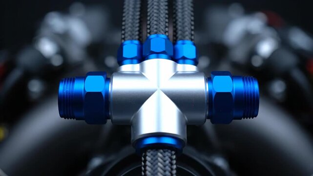 Close-up of V12 Engine Fuel Rail T-Junction with Braided Lines and Anodized Fittings