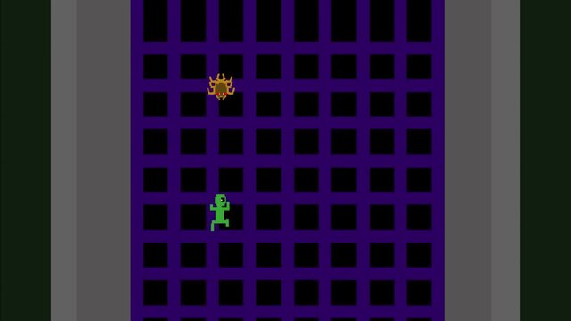 Animated video in vintage pixel art style with an alien character climbing a wall and dodging enemy spiders, vintage, pixel.