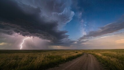 Fototapeta premium Dramatic lightning storm illuminates vast, open grassland landscape at dusk with a dirt road leading into the distance.