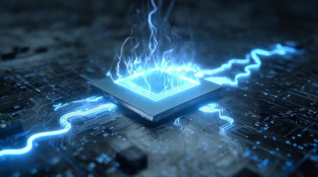 Powerful AI microprocessor with intense blue neon energy flames and electrical circuits on dark motherboard (AI Generated)