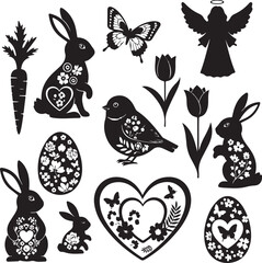 Obraz premium A collection of black silhouette illustrations depicts easter elements including rabbits butterflies eggs flowers a heart and an angel high-quality professional detailed modern elegant