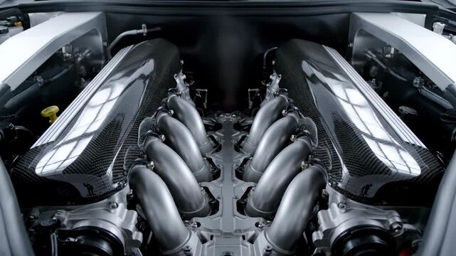 Overhead view of a V12 engine with carbon fiber intake plenums