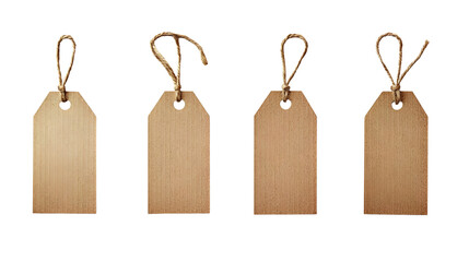 Set of rustic brown paper price tags with twine on a transparent background