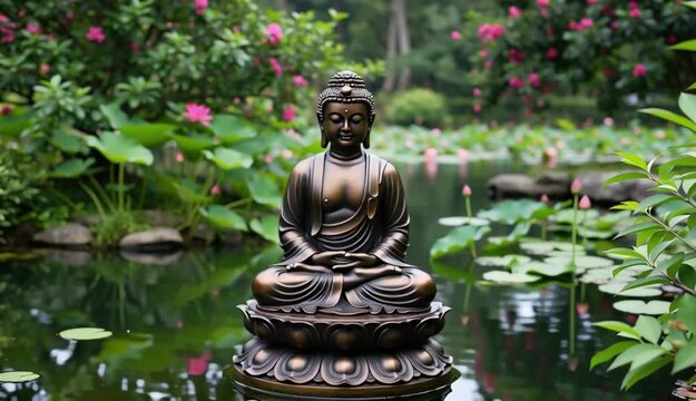 Ancient statue great Buddha on bright holiday composition, abstract vivid composition consists of fictional unreal fantastic vision on background