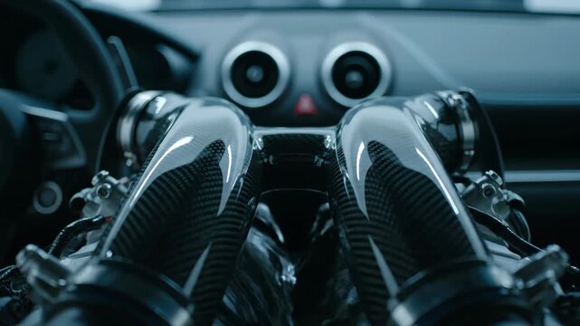 Glossy Carbon Fiber V12 Intake Plenum Assembly in Car Interior