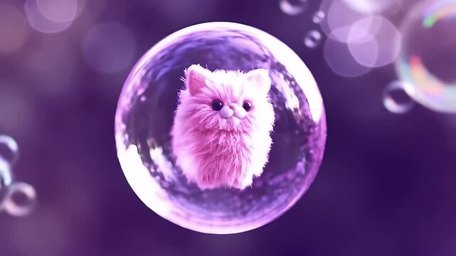 Whimsical pink fluffy Pomeranian puppy floating inside a shimmering bubble against a purplish dreamy backdrop