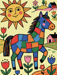 Colorful Patchwork Horse in a Whimsical Landscape