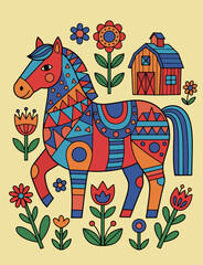Colorful Patchwork Horse in a Whimsical Landscape