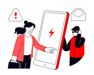 An young Woman Targeted by Smartphone Scammer and Cartoon Online Fraud, Phishing & Cybercrime vector Illustration.