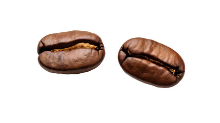 Two roasted coffee beans closeup on a transparent background
