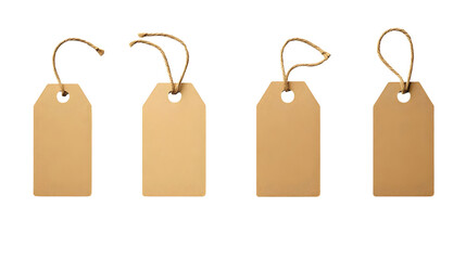 A set of four rustic kraft paper gift tags with string isolated on a transparent background