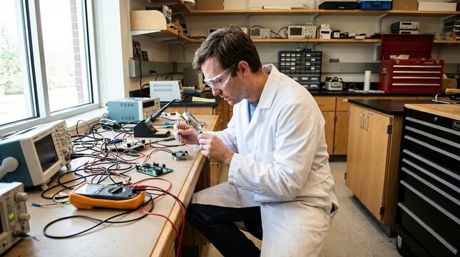 A scientist is inspecting and working on an electrometer in the laboratory