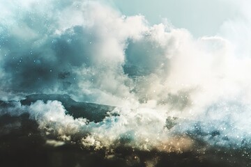 Obraz premium Dramatic storm clouds with shimmering particles against a muted sky, creating an abstract and atmospheric background.