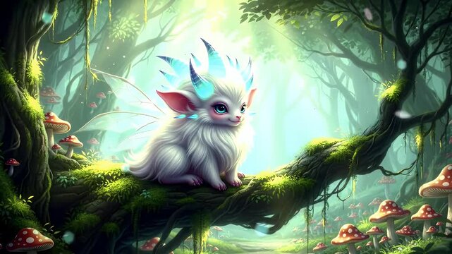Whimsical White Fluffy Forest Creature Perched on a Mossy Branch in a Luminous Dreamy Wonderland