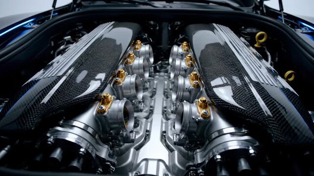 Luxury V12 Engine - Carbon Fiber Intake Plenums and Gold Hardware
