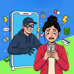 An young Woman Targeted by Smartphone Scammer and Cartoon Online Fraud, Phishing & Cybercrime vector Illustration.