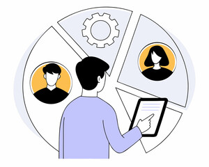 Young Professional with Tablet Analyzing People Diagram and there is Flat Vector Business Data Analysis & HR Infographic on white