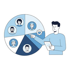 Young Professional with Tablet Analyzing People Diagram and there is Flat Vector Business Data Analysis & HR Infographic on white