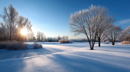 Obraz premium Serene Winter Landscape at Sunrise with Frosty Trees and Snow-Covered Ground in a Tranquil Natural Setting