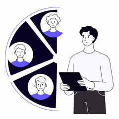 Young Professional with Tablet Analyzing People Diagram and there is Flat Vector Business Data Analysis & HR Infographic on white