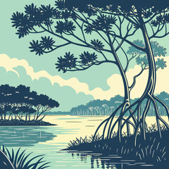 Serene tropical mangrove forest with calm water reflections, lush green foliage, and a peaceful atmosphere.