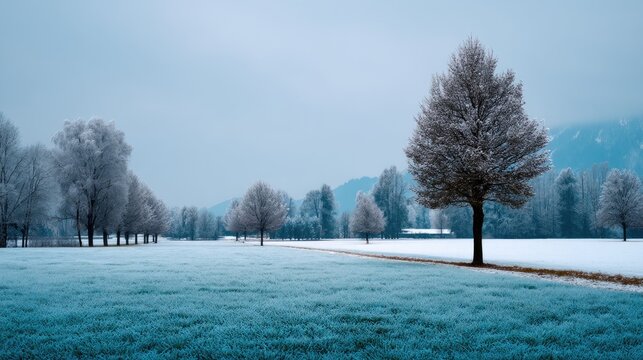 Tranquil Winter Landscape with Frosty Trees and a Calm Blue Grass Field Under Soft Gray Sky