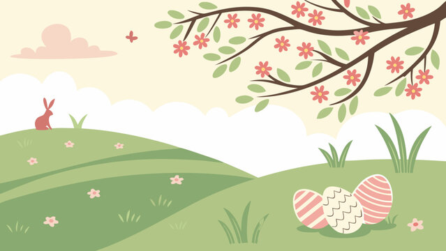 Fr&uuml;hlingshafte Landschaft mit Ostereiern und Osterhasen, Hintergrund