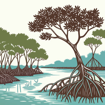 Tranquil tropical mangrove landscape with clear water reflecting the trees, flat vector art.