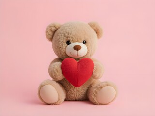 Valentine&rsquo;s Day Teddy Bear Holding Red Heart on Pink Background. 