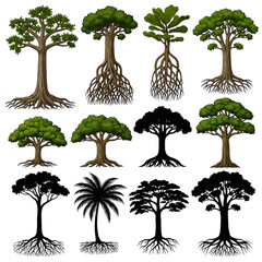 Mega Nature Vector Bundle: Professional Tree Anatomy Set featuring Mangrove Prop Roots, Detailed Underground Systems, Tropical Forest Species, and High-Contrast Botanical Silhouettes for Architectural
