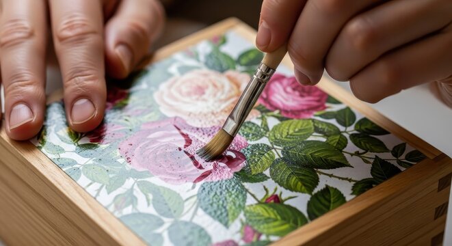 Person applies clear sealant onto a wooden box decorated with floral pattern