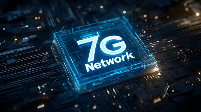 Angled perspective of 7G Network branding on a glowing electronic component and circuit board