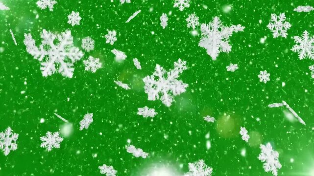 Green Screen isolated falling snow on chromakey scene 3 with distortion, overlay, glitch, static noise, scan lines black background, 4k animated video loop
