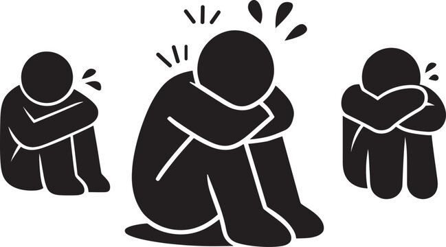 Minimalist sad depressed human figure icons expressing anxiety loneliness stress and mental health struggle concept illustration