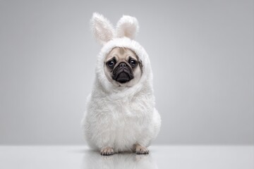 Pug in giant rabbit gloves creates bunny shape with paws up