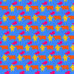 Vibrant blue seamless pattern with abstract yellow human figures, orange animals, and pink organic shapes Vector