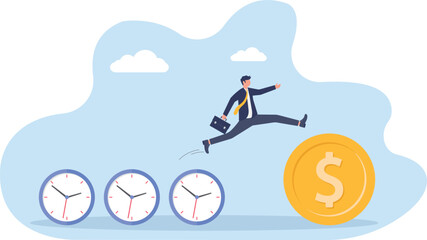 Financial Deadline Management Professional Jumping Over Clocks To Large Money Dollar Coin
